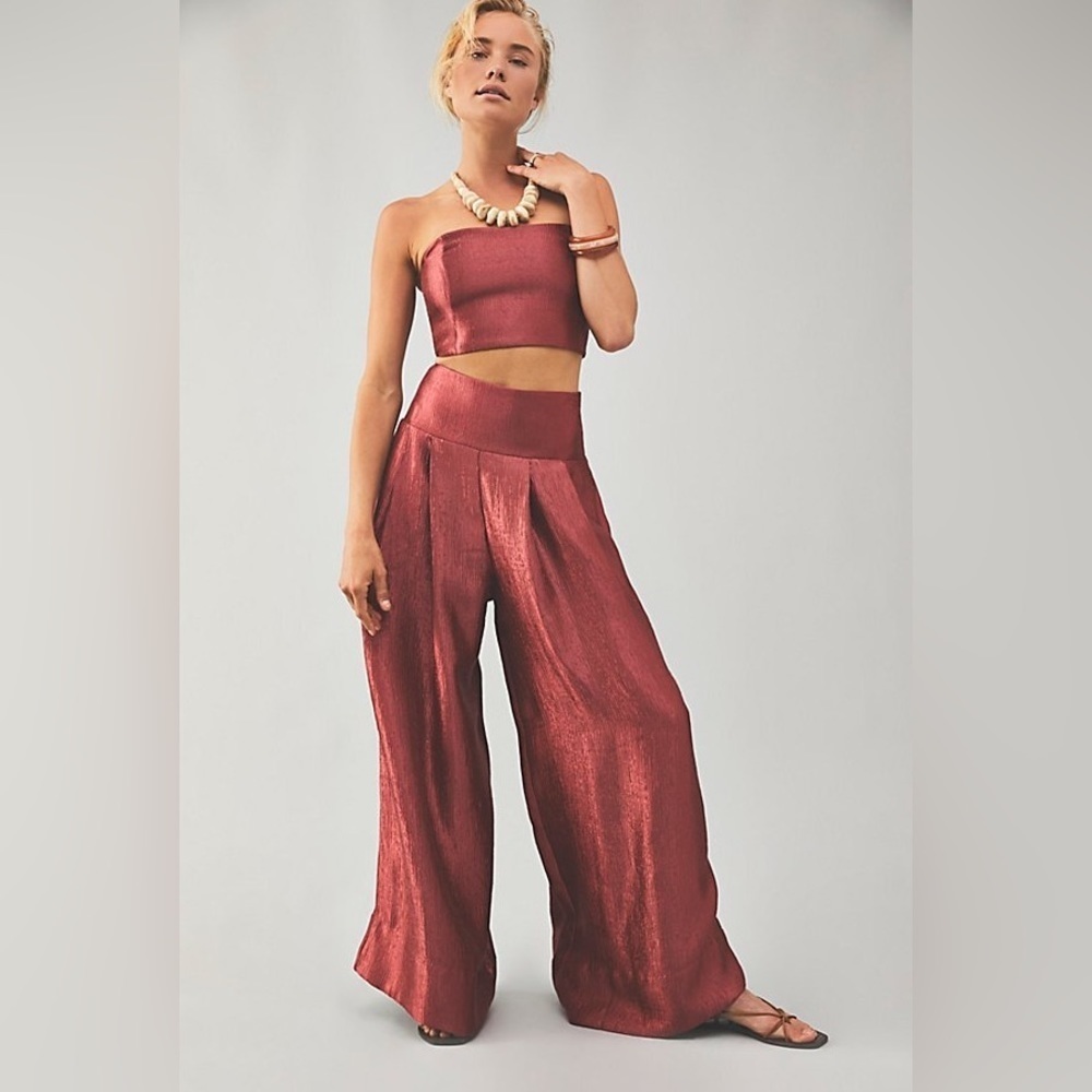 Free People Evelyn Wide Leg Pants and Bandeau Top Metallic Red/Rust